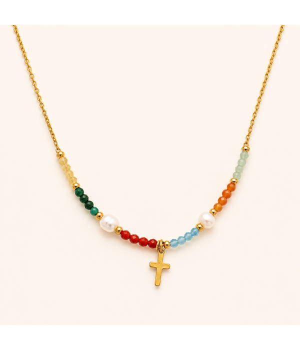Collar Cruz Multicolor con Perlas